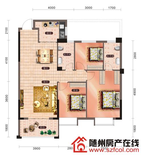 随州公园壹号户型图赏析—三室两厅两卫 建筑面积约113.36㎡